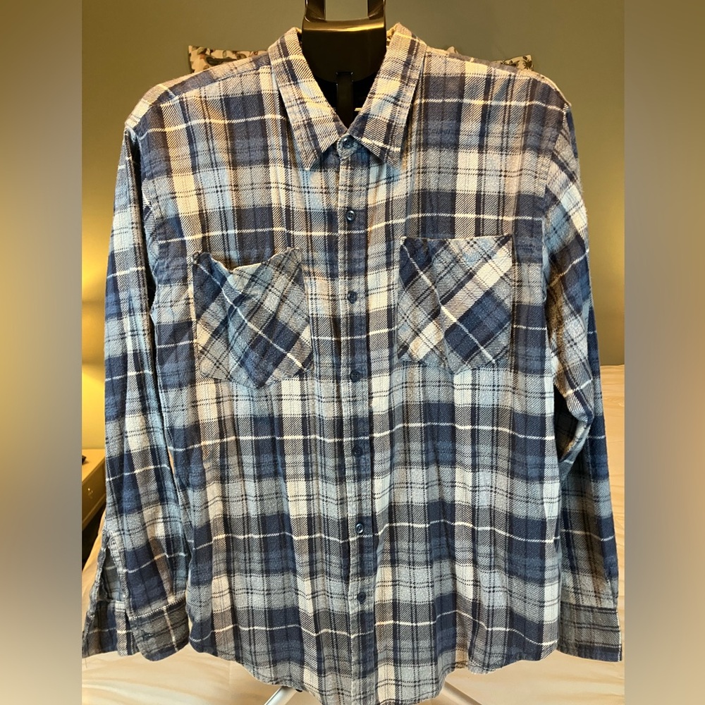 Haband Plaid Flannel Shirt Large Blue Button Down Workwear
